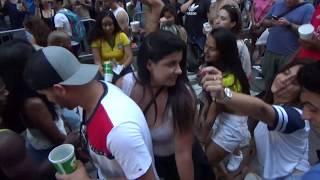 BRAZILIAN GIRLS DANCE WITH BRAZILIAN MUSIC HAVING FUN IN A BRAZIL CULTURE CELEBRATION STREET PARTY